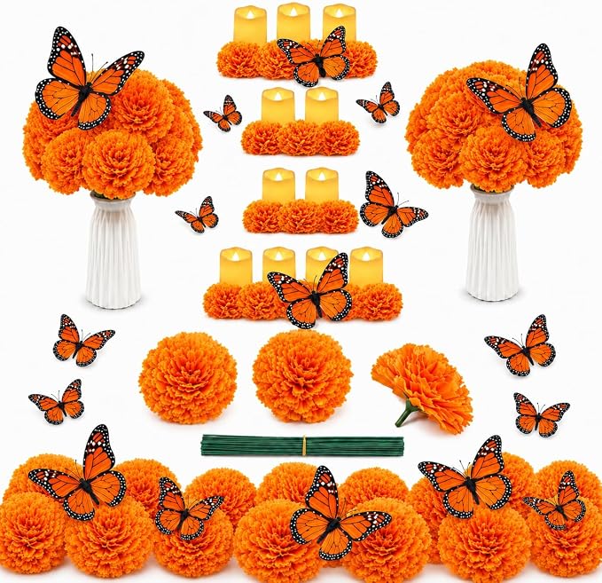 Marigolds and Butterflies 50 Pcs Day of the Dead Dia de Los Muertos Diwali Decorations for Home Altar Wreath Garland DIY 38 Orange Artificial Flower Heads with Stems and 12 Monarch Butterflies - skull wreath