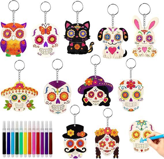 36 Pcs Day of The Dead Wood Sugar Skull Keychain Color Your Own Craft Decor - sugar skull ornament