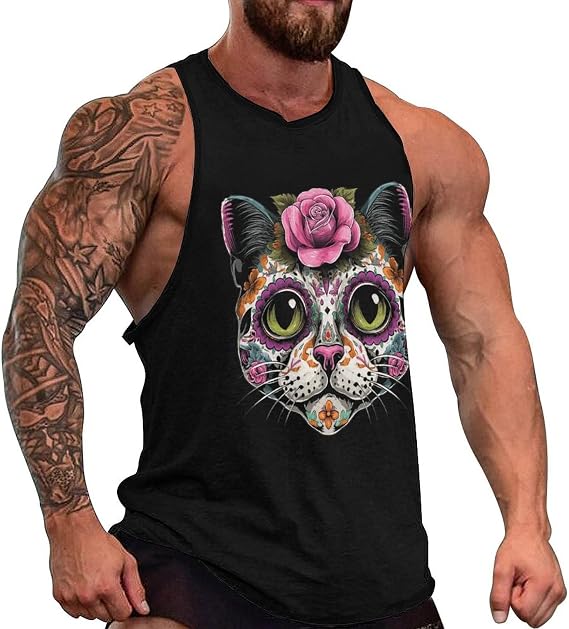 Sugar Skull Cat Mens Tank Top Slim Fit Workout Gym Tops 5XL - skull tank tops
