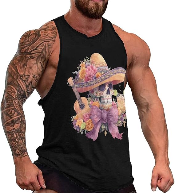 Mexican Sugar Skull Mens Tank Top Slim Fit Workout Gym Tops 5XL - skull tank tops