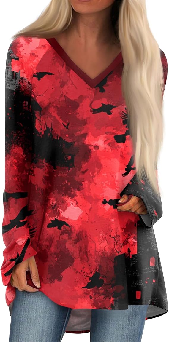 Halloween Tees for Women V Neck Long Sleeve Pumpkin Spice Shirts for Women Island Bat Top Spooky Witch T-Shirt - skull tshirt