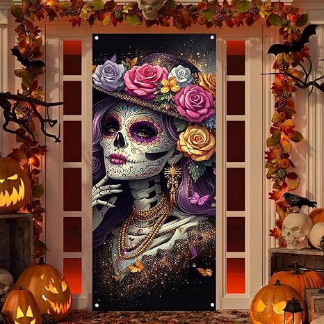 Dia de Los Muertos Door Cover Background Decoration - skull floor mat