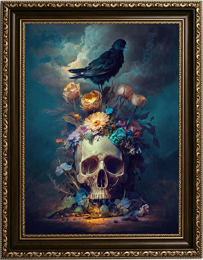 Gothic Wall Art, Crow and Skull Canvas Print, Vintage Brown Ornate Frame