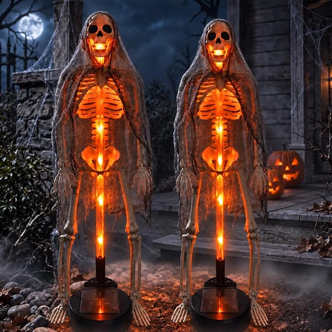 2Pack Halloween Lighted Skeleton Solar Yard Lights Outdoor Decor Orange - skeleton