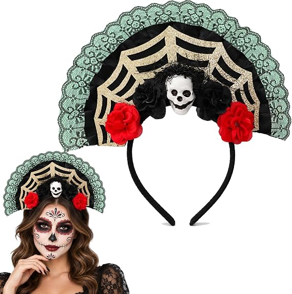 Halloween Sugar Skull Headband with Red Roses - sugar skull makeup