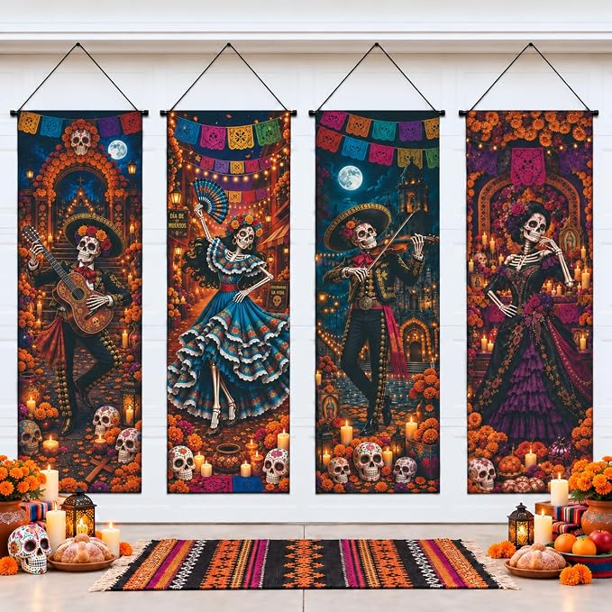 Cinrobiye 4 Pcs Day of the Dead Porch Banners, Dia de los Muertos Sugar Skull Skeleton Hanging Door Decorations, 16 x 47 Inch Mexican Fiesta Banners for Front Door, Ofrenda Altar, Halloween Party - skull door mat