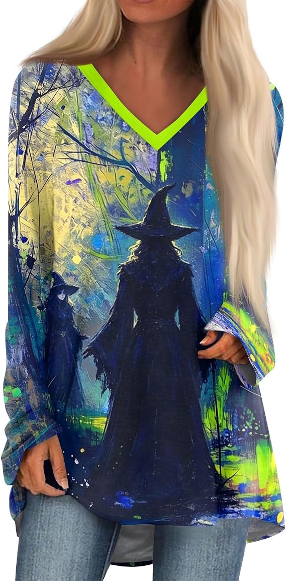 Women’s Halloween Shirts Long Sleeve V Neck Witches Shirts for Women Skeleton Pumpkin Tees Flowy Island T-Shirt - skull tshirt