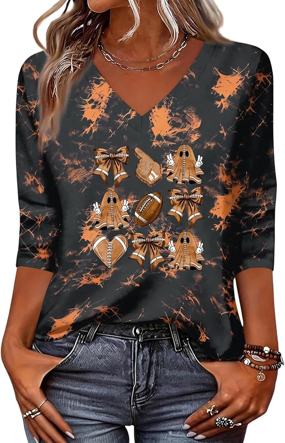 Halloween Shirts Women V Neck 3/4 Sleeve Pumpkin T Shirt Women Spooky Candy Ghost Tees Plus Size Bat Sugar Top - skull sweatshirts
