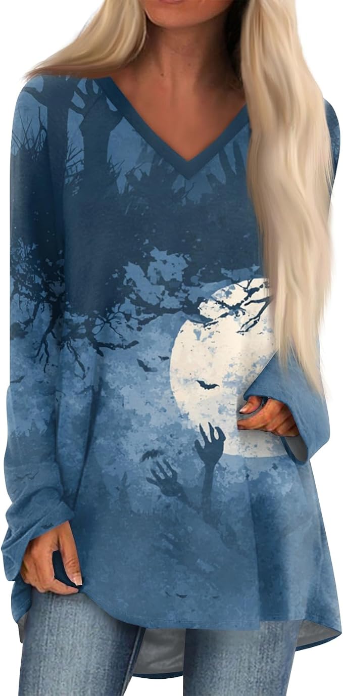 Womens Halloween Tops V Neck Long Sleeve Witch Tops for Women Ghost Witch T-Shirt Scary Top Plus Size Boo Tees - skull tshirt