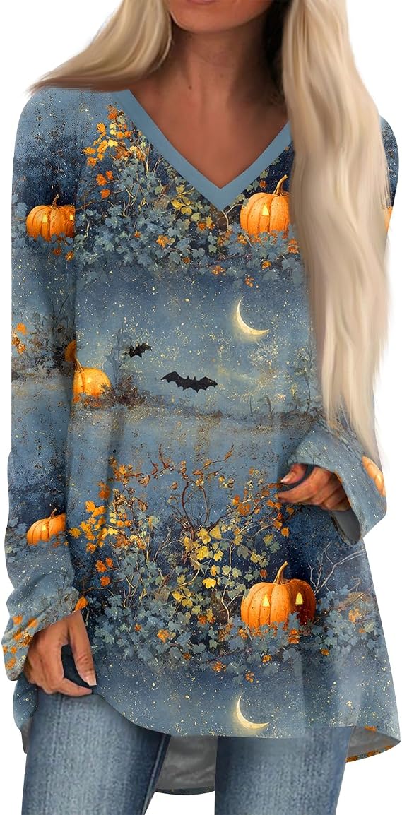 Fun Halloween Shirts for Women Long Sleeve V Neck Witch Shirts for Women Bat Witch Sugar Top Island Spider T-Shirt - skull tshirt