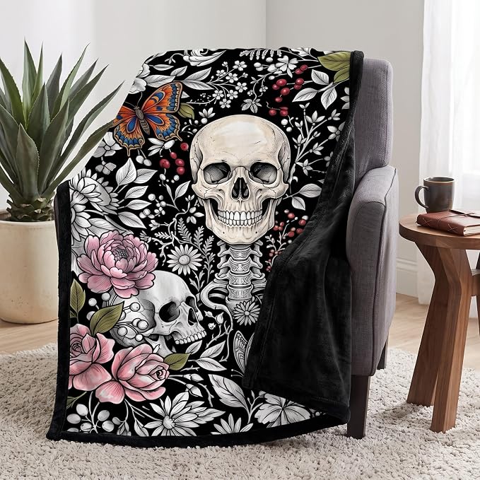 Color Your Skull Blanket – Gothic Floral Skeleton Doodle Throw Blanket, DIY Adult Coloring Craft Fleece Blanket for Teens & Women, Black & White Sugar Skull Room Decor with Plush Velvet Backing