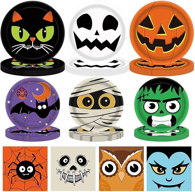 100 PCS Halloween Party Decorations Ghost Plates and Napkins Set - skull plate