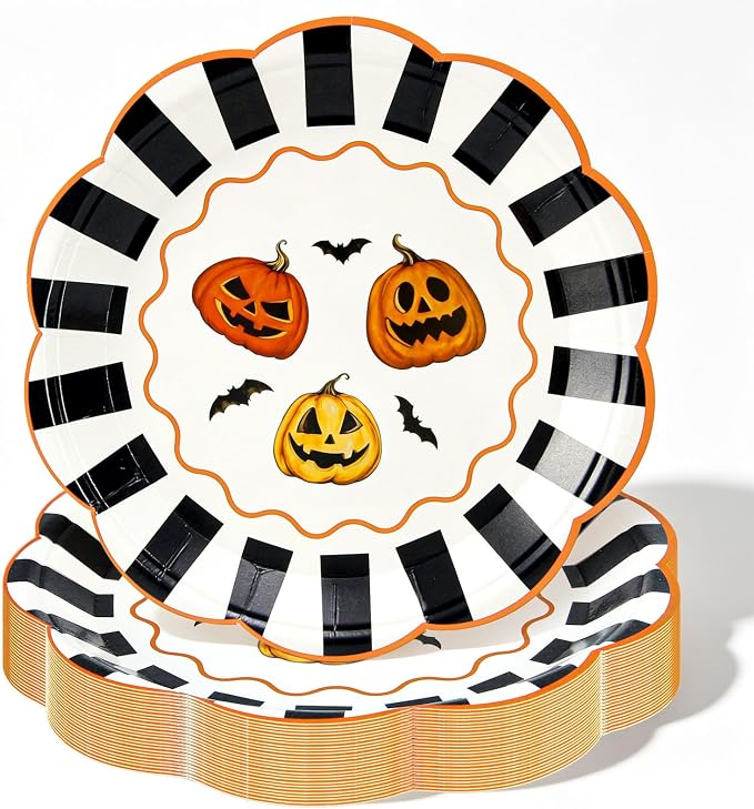 AnyDesign 40 Pcs Halloween Paper Plates, 7 Inch, Striped Pumpkin - skull plate