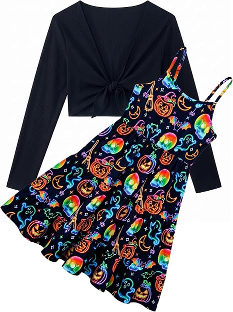RAISEVERN Girls Adjustable Strap A-Line Dress with Front Tie Cardigan 7-14Y - sugar skull dress