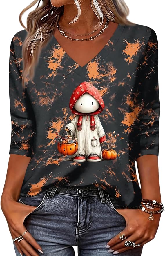 Cute Halloween Tops for Women V Neck 3/4 Sleeve Skeleton Coffee Shirt Witch Candy Boo Top Ghost Pumpkin Island Tees - skull sweatshirts