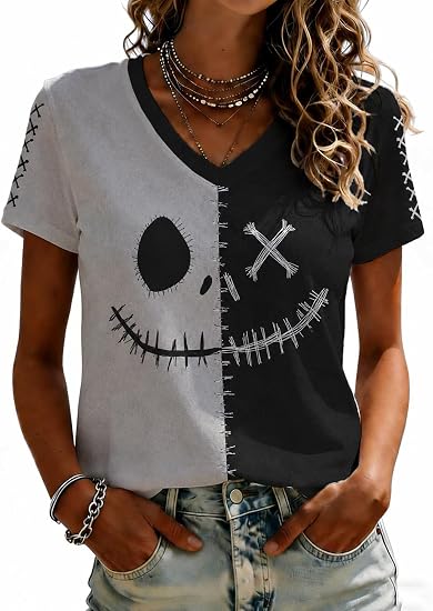 Women Halloween V Neck Graphic T Shirt Short Sleeve - skull tshirt