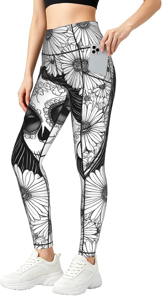 Floral Sugar Skull Portrait Pattern Women's Yoga Pants - skull leggings