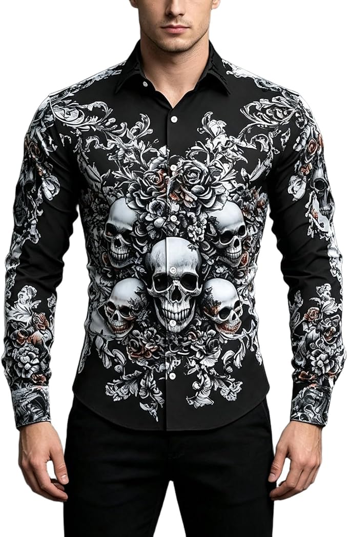 Men's Gothic Skull Rose Floral Print Long Sleeve Button Down Shirt Vintage Baroque Pattern Casual Dress Shirts - sugar skull dress