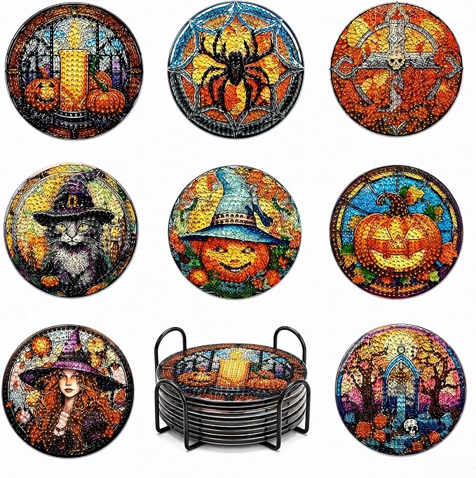 8 PCS Diamond Art Coasters Kits with Holder, Halloween with Holder Coaster - skull coaster