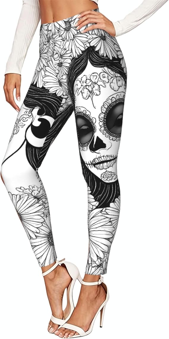 Floral Sugar Skull Portrait Print Leggings for Women - skull leggings