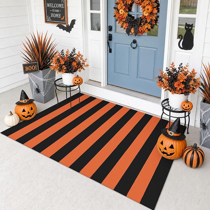 Striped Rug 3x5 ft Woven Holloween Orange and Black Rug - skull carpet