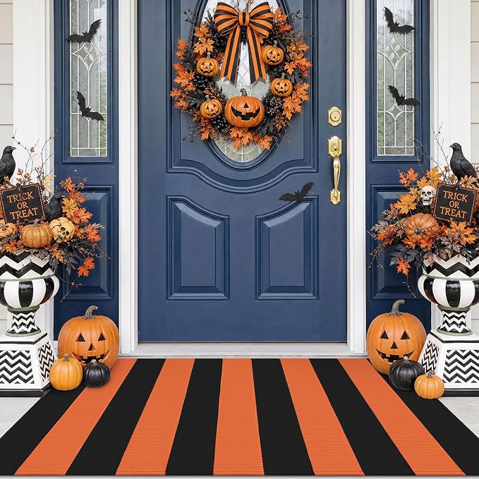 Striped Rug 27.5x43 in Woven Holloween Orange and Black Mat - skull floor mat