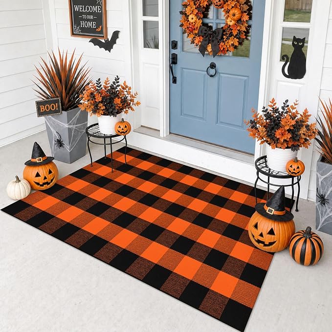 Buffalo Plaid Rug 3×5 ft Woven Holloween Orange and Black Rug