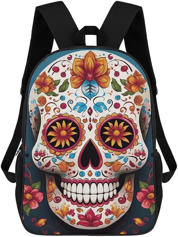 Colorful Sugar Skull Large Laptop Backpack, 17 Inch Travel Bookbag - skull backpack