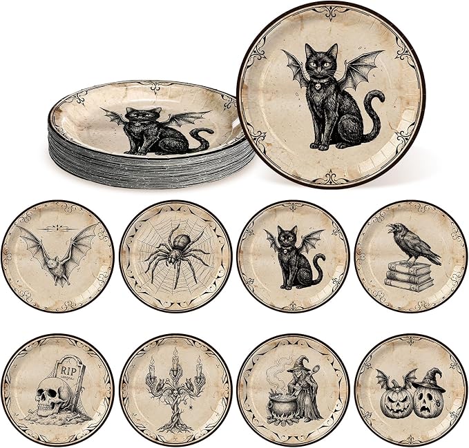 48 Pcs Halloween Paper Plates Vintage Gothic Party Plates, 9 in - skull plate