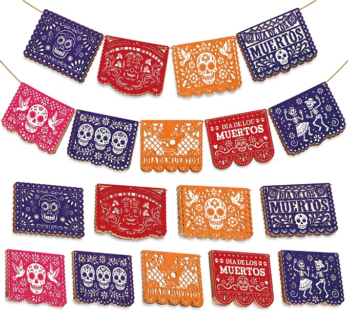 Yookeer 10 Pcs Dia De Los Muertos Decorations, Papel Picado Wooden Banner - skull carpet