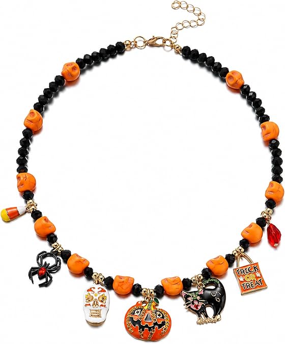 Halloween Charm Necklace for Women Orange Black Beaded Necklace with Skull Pumpkin Black Cat and Trick or Treat Charms, Spooky Gothic Costume Jewelry