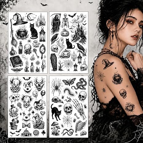 Dark Gothic Sticker Crow Skull Spider Bat Snake Halloween Temporary Tattoos