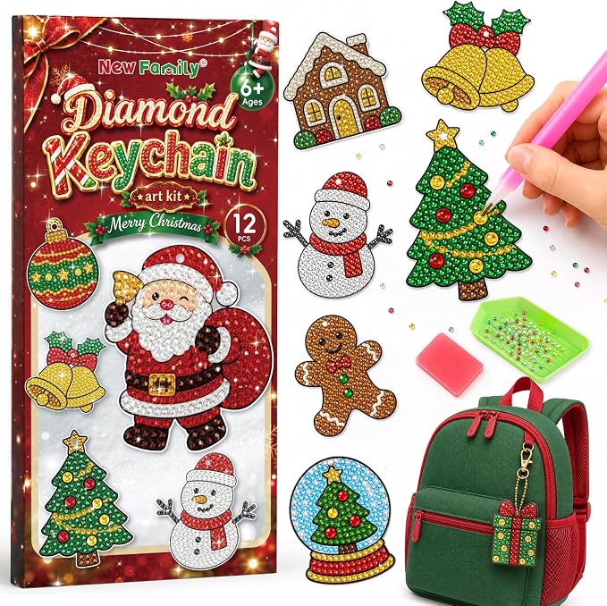 NewFamily Christmas Diamond Keychain Art Kit for Kids Ages 6-12, 12 PCS 5D Winter Diamond Painting Ornaments with 2 Tool Kits, DIY Gem Art & Christmas Crafts for Kids, Holiday Gift - skull painting