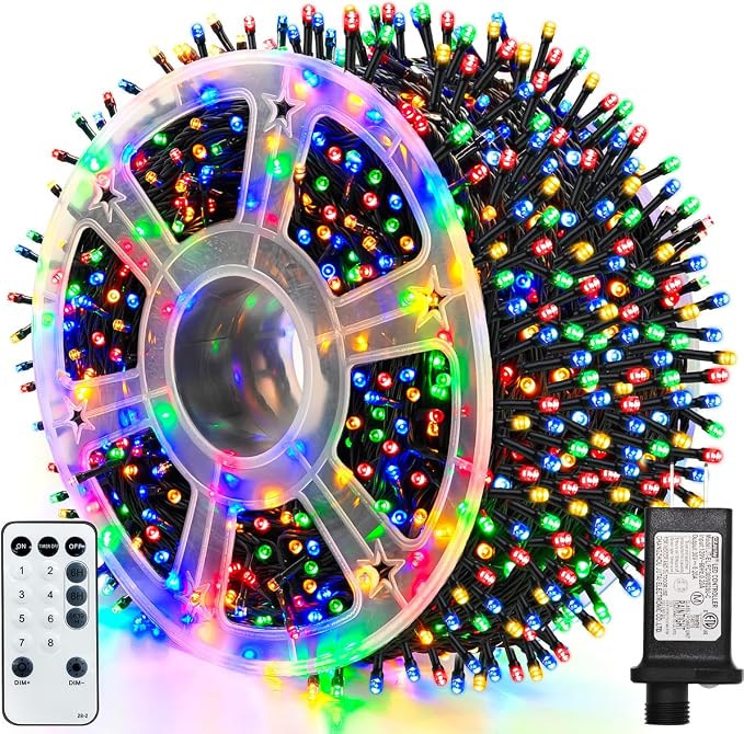 ROOR 300FT 1000 LED String Lights Outdoor, Christmas Tree Lights Multicolor with Remote Control, 8 Modes Fairy Light Plug in Outside IP65 Waterproof for Backyard Porch Party Wedding - string light