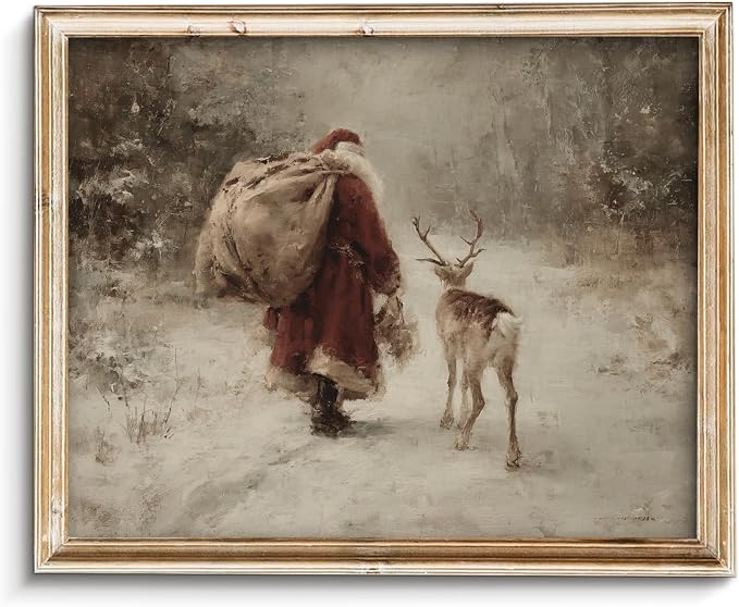 Vodefoad Vintage Santa Claus and Reindeer Wall Art Print, Snowy Winter Christmas Home Decor, Farmhouse Christmas Artwork - 8x10Inch Unframe - skull wall art