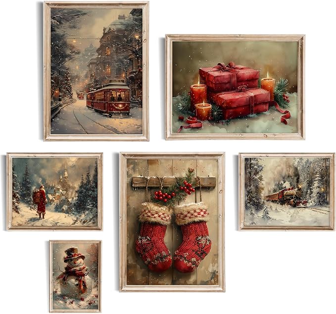 SQGGZH Christmas Wall Art Decor Set of 6, Retro Santa Claus Prints Unframed - skull wall art