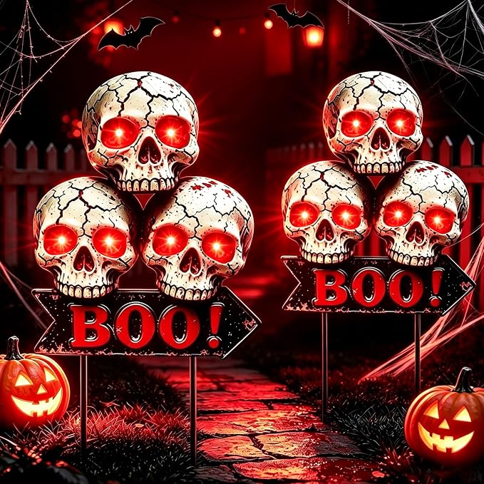 YJFWAL Halloween 3 Head Skull Solar Garden Lights Outdoor Waterproof, for Child and Friends, Stake Light with Solar Lantern, Hanging Solar Lights, Solar Path Lights Outside Patio Decor 2 Pack