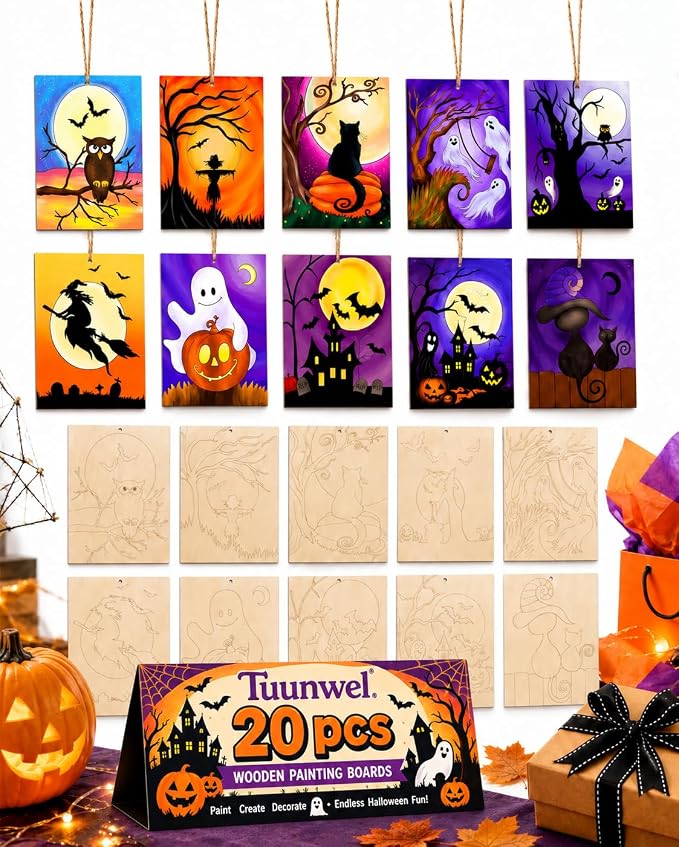 20 PCS Halloween Painting Crafts,Wooden Art Set for Party & Classroom Gifts - skull painting