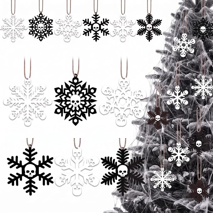 24 Pcs Gothic Halloween Tree Ornaments Wooden Skull Snowflake Hanging Decor - skull wreath