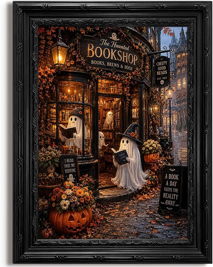 Halloween Wall Decor Art Ghost Reading Poster Vintage Prints 9x11 Framed - skull painting