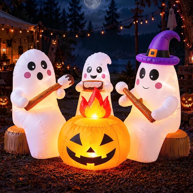 ZPISF 7.5 FT Halloween Inflatables 3 Cute Ghosts Roasting Marshmallows by Campfire, Built-in LED Lights Outdoor Yard Garden Patio Holiday Party Decorations - skull inflatable