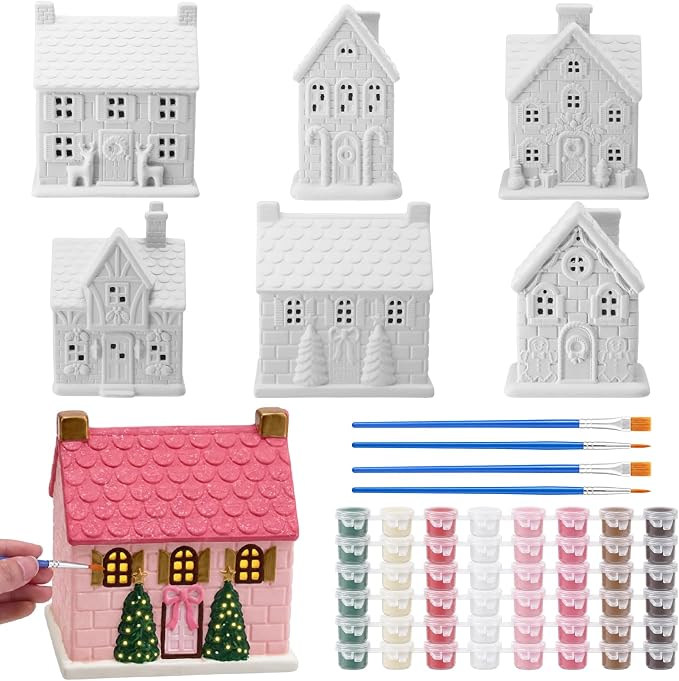 6 Set Ceramic Christmas House to Paint Crafts, Village Styles, 6 Styles - skull painting