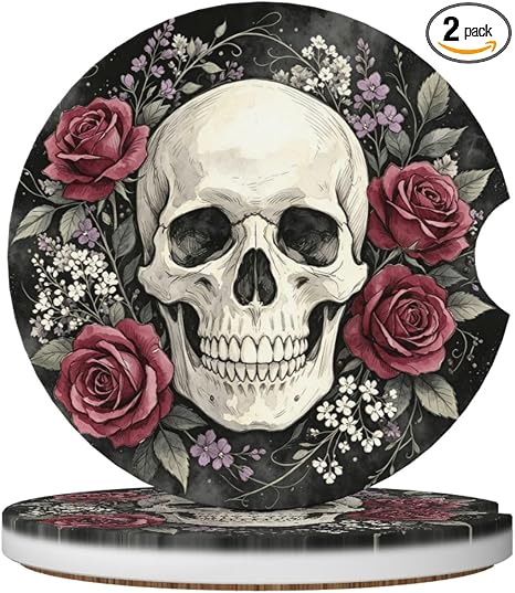 Skull Flowers Vintage Car Coaster 2-Pack for Cup Holders - skull coaster