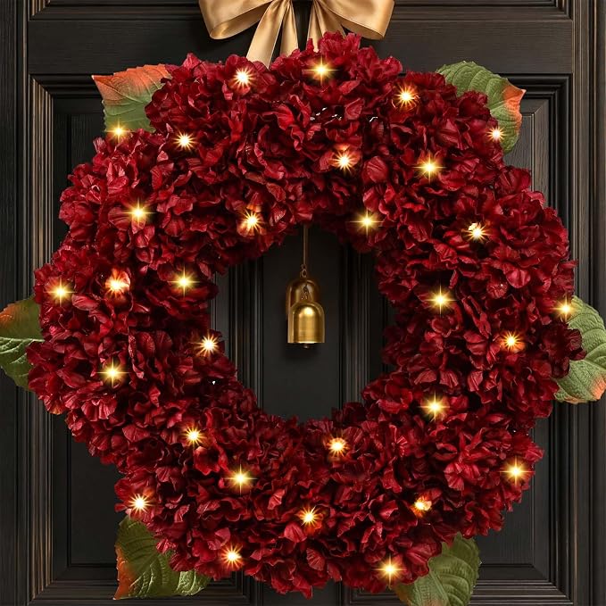 Christmas Wreath -21 Inch Burgundy Hydrangea Artificial Flower Wreath for Front Door, Christmas Wreath with Lights, Ribbon Bell for Home Table Wall Window Indoor Outdoor Christmas Decoration - skull wreath