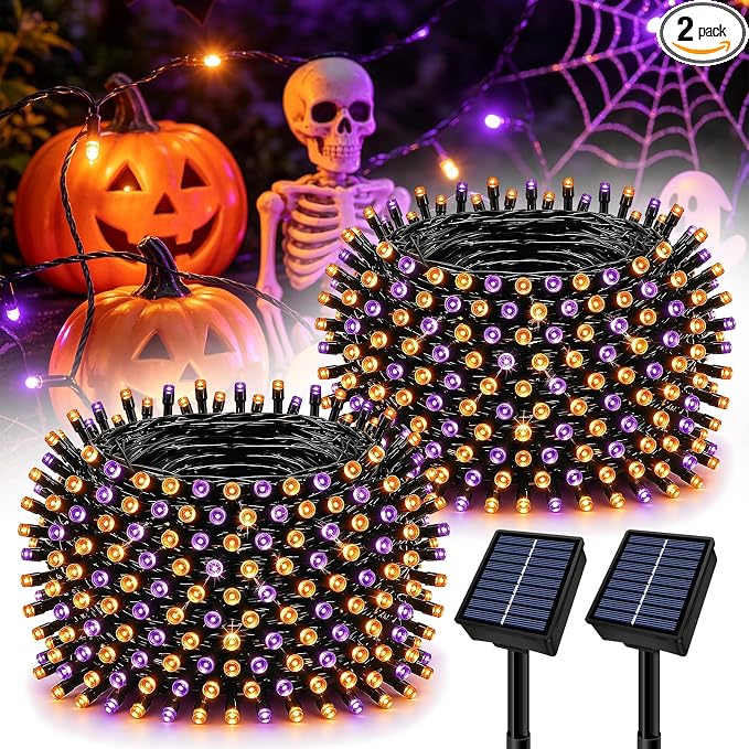 Solar String Lights Outdoor 2 Pack Total 66FT 200LED Solar Fairy Lights Waterproof 8 Modes Twinkle Solar Lights for Patio, Garden Yard Party Wedding Tree Halloween Decoration, Orange + Purple - string light