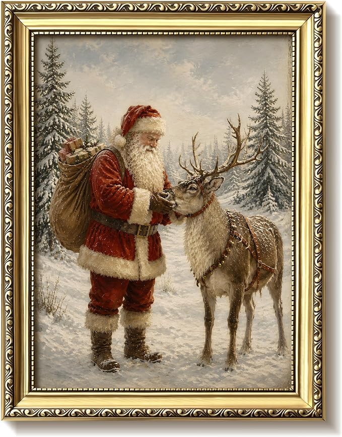 Vintage Gold Framed Santa Claus and Reindeer Wall Art, Christmas Winter Snow Wall Decor Painting, Rustic Vacation Canvas Print Poster for Living Room Bedroom Entryway Farmhouse Home Decor 8×10inch - skull wall art