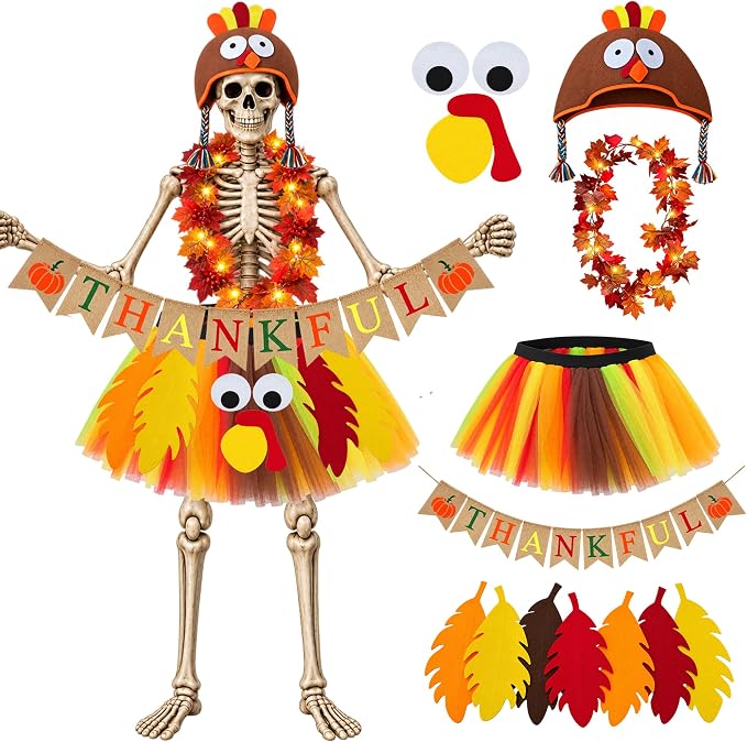 6 Pcs 12 Ft Skeleton Thanksgiving Costume Set Include Turkey Accessories - string light