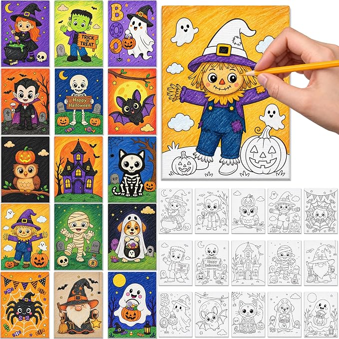 90shine 15Packs Halloween Party Favor Pre-Drawn Canvas Painting Kit - skull painting