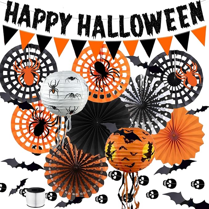 Happy Halloween Banner Triangular Bunting Paper flower fans Skull Garland Paper Lanterns Black Scary Bat Stickers for Halloween Party Decoration Indoor Outdoor Wall Door Decoration