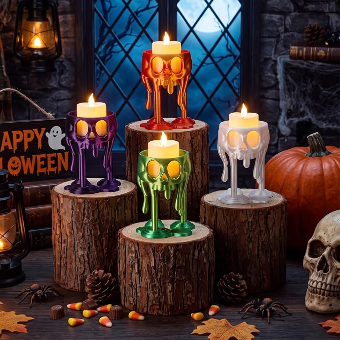 4 Pcs 3D Printed Halloween Skull Candle Holder Table Centerpiece - skull candle